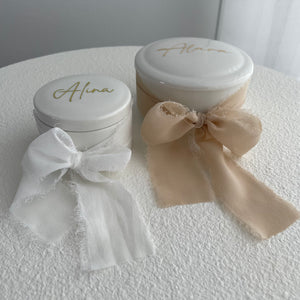 Small Round Trinket Box with Frayed Chiffon Ribbon