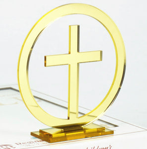Round Acrylic Cross With Stand - GOLD