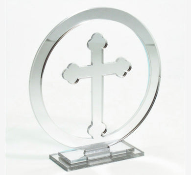 Round Acrylic Cross With Stand - SILVER