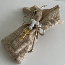 Load image into Gallery viewer, White Pearl Gold Cross - Natural Jute bag