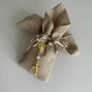 Pearl Gold Rosary - Natural Jute Bag