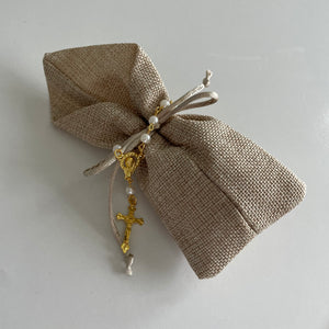 Pearl Gold Rosary - Natural Jute Bag