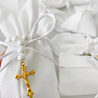 White Pearl Gold Cross Bomboniere