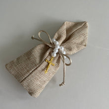 Load image into Gallery viewer, White Pearl Gold Cross - Natural Jute bag
